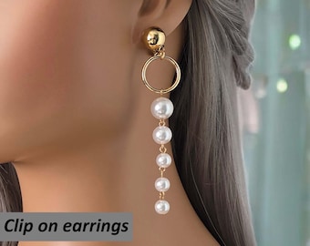 CLIP ON drop earrings - 4" long gold tone & white faux pearl bead layered drop earrings, non pierced ears, ear clips, Prom - Bridal earrings