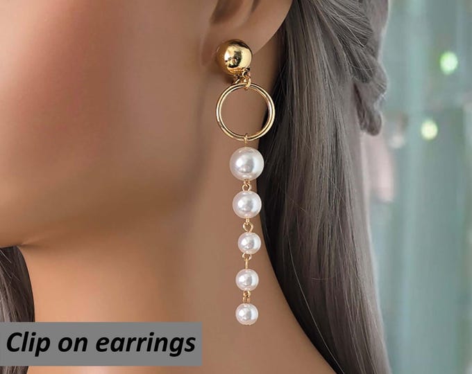 CLIP ON drop earrings - 4" long gold tone & white faux pearl bead layered drop earrings, non pierced ears, ear clips, Prom - Bridal earrings