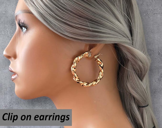 CLIP ON hoop earrings - 14k gold plated chunky twisted design hoops for non pierced ears, ear clips, clip on earrings