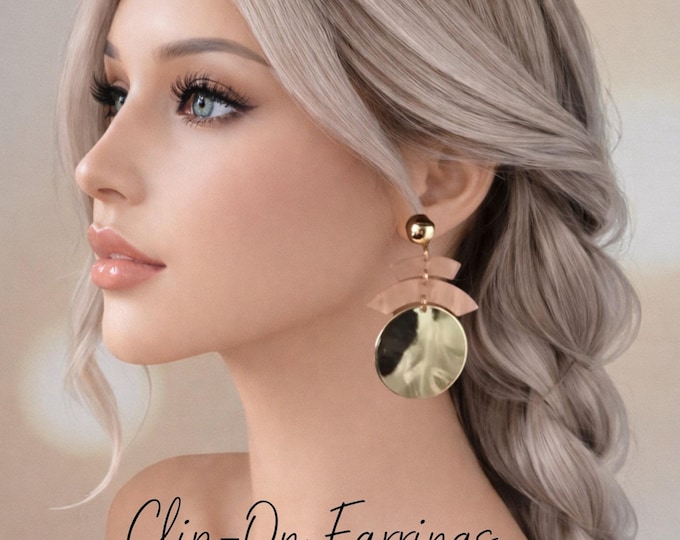 Peach & Gold Clip On Statement Earrings - Large Disc Drop Earrings - 3" - 7.5cm