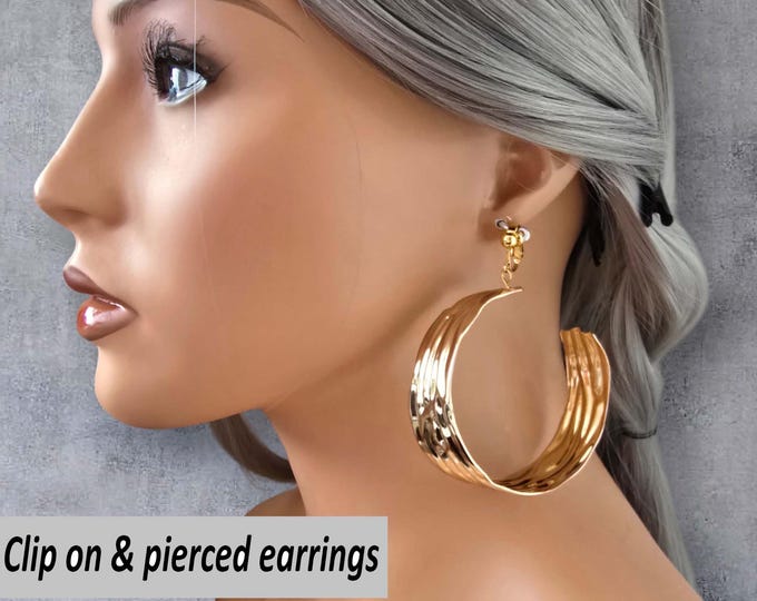 CLIP ON Hoop Earrings, Extra Wide Gold Tone Clip-On C Design Hoop Earrings – Bold Statement Jewelry - Big Bold Chunky Earrings - Non Pierced