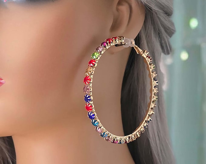 1 pair diamante CLIP ON hoop earrings - 3" Gold tone & multi color crystal - diamante rhinestone hoop earrings - clip on or pierced option