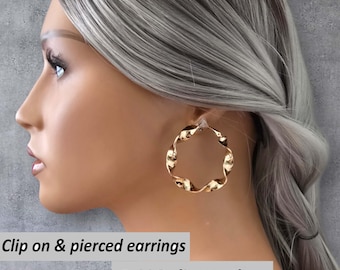 CLIP ON hoop earrings, 1.75" Chunky Twisted Style Fashion Hoop Earrings Non Pierced Ears, Gold & Silver options, Clip On Earrings, Ear Clips