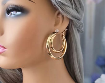 Beautiful gold tone CLIP ON hoop earrings, 1 pair 2" - 5cm double layered chunky open tube hoop earrings for pierced or non pierced ears