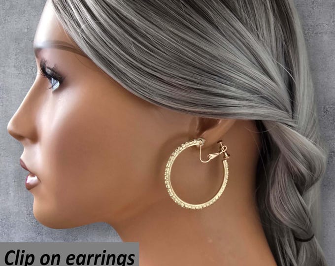 CLIP ON diamante hoop earrings, clip on non pierced earrings, 1.75" Gold or silver tone C shape rhinestone hoops non pierced ears, ear clips
