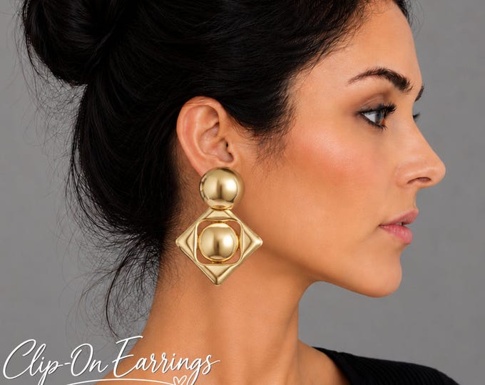Gold Tone Clip On Statement Earrings, Oversized Geometric Clip On Earrings – Statement Dome Square Earrings - 3" - 7.5cm