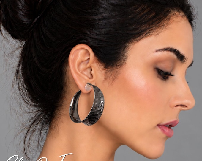 Clip On Hoop Earrings – Wide Textured Gunmetal Black Hoops – Statement Non Pierced Earrings – 1.75" - 4.5cm