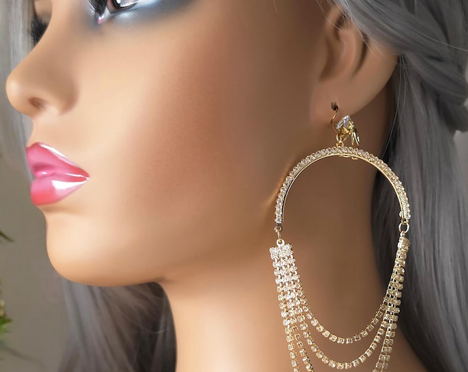 1 pair 4.5" long gold or silver tone CLIP ON drop earrings -  crystal - Diamante drape design long drop earrings for non pierced ears