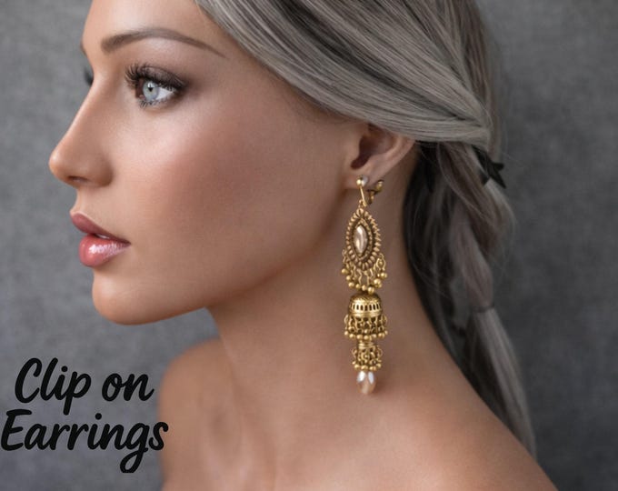 Clip-On Earrings | 4" Long Indian Bollywood Gold Tone Dangle Drop Earrings | Non-Pierced Ethnic Jewelry | Gift for her