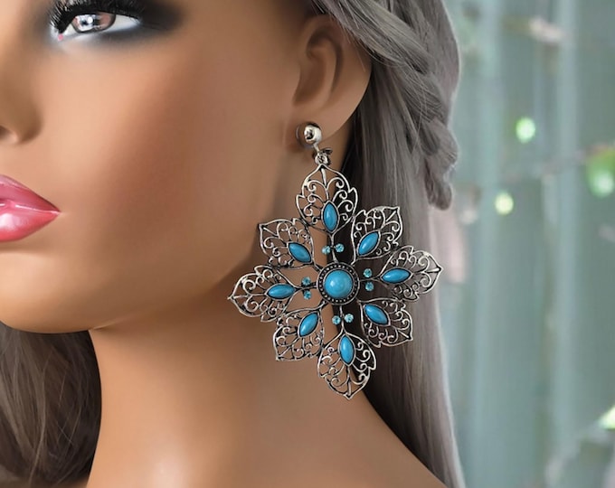 1 pair vintage silver tone & turquoise CLIP ON drop earrings - 4" long filigree earrings with turquoise bead - diamante stones - non pierced