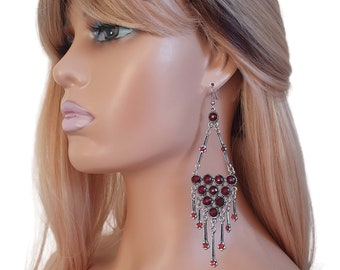1 paio di 5" long vintage silver - red bead & diamante chandelier big statement CLIP ON drop earrings - Opzione forata