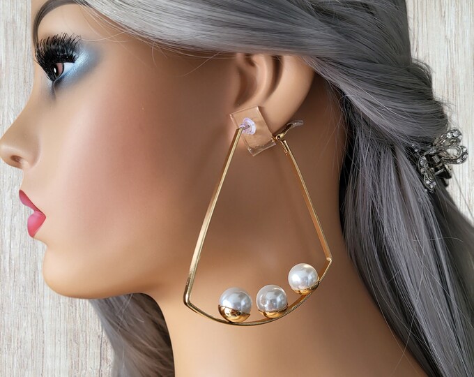 Big gold tone CLIP ON hoop earrings - 3" long - flat tube hoop earrings with 3 pearl beads - clip on or pierced option - Big statement hoops