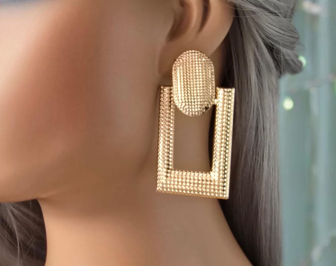 1 pair gold tone CLIP ON drop earrings - 2.5" long patterned doorknocker style drop earrings - clip on for non pierced ears - Ear clips