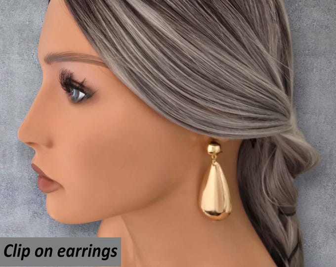 CLIP ON earrings 2.5" long plain gold tone drop earrings for non pierced ears, ear clips clipon earrings Bold lightweight statement earrings