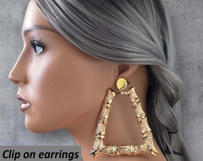 Clip on hoop earrings, 1 pair gold tone bamboo design clip on hoop drop earrings, 3.75" big fashion statement earrings for non pierced ears