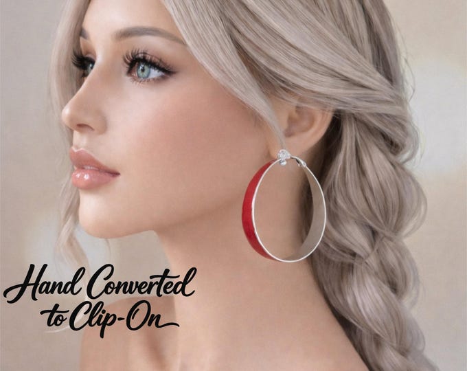 Red Enamel Clip On Hoop Earrings | Silver Tone, Non Pierced