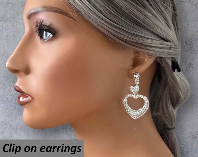CLIP ON  Drop Earrings, 2" Bright Silver Tone Heart Drop Earrings, Sparkling Clip-On Rhinestone Pendant Earrings Non Pierced Ears, Gift Idea
