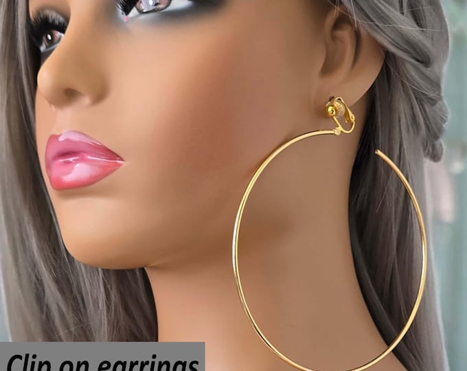 CLIP ON hoop earrings - 1 pair 4.25" -  18k gold plated stainless steel C design hoops for non pierced ears - ear clip, Big hoops ear clips