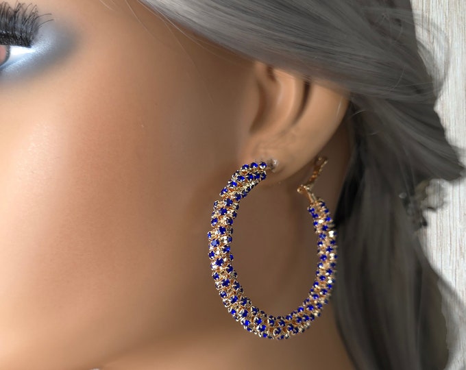 1 pair gold tone & blue diamante CLIP ON hoop earrings - 2" diameter gold tone hoops with sparkly royal blue diamante - rhinestones