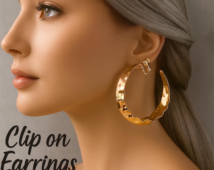 Large Gold Hammered Wave-Edge Clip On Hoop Earrings – Lightweight Statement Hoops, Screw-Back Clip