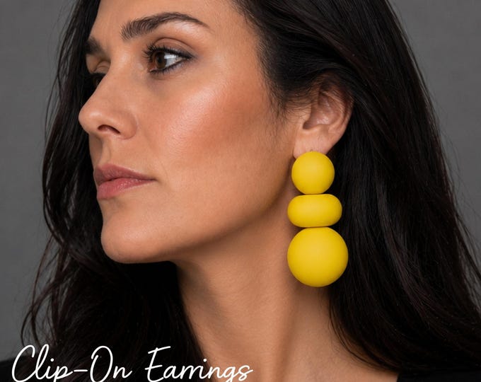 Clip  On Earrings - Big Chunky Statement Yellow Drop Earrings |  Bold Modern Geometric Design