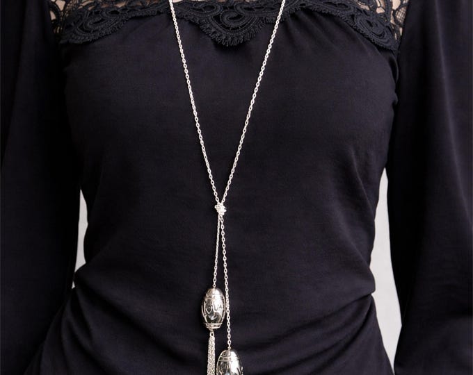 36" Handmade Silver Tone Lariat Necklace – Long Adjustable Drop Necklace – Statement Tassel Pendant