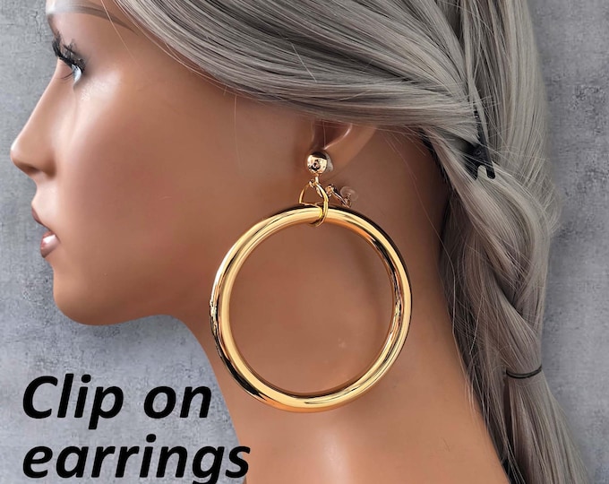 14k Gold Plated Clip-On Hoop Drop Earrings  – 3.5" Chunky Thick Tube Dangle, Statement Earrings for Non-Pierced Ears, 14k GP Stainless Steel