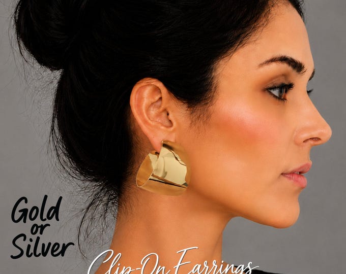 Clip-On Hoop Earrings, Extra Wide Chunky Statement Hoops for Non Pierced Ears - Gold or Silver Tone - 1.75" - 4.5cm