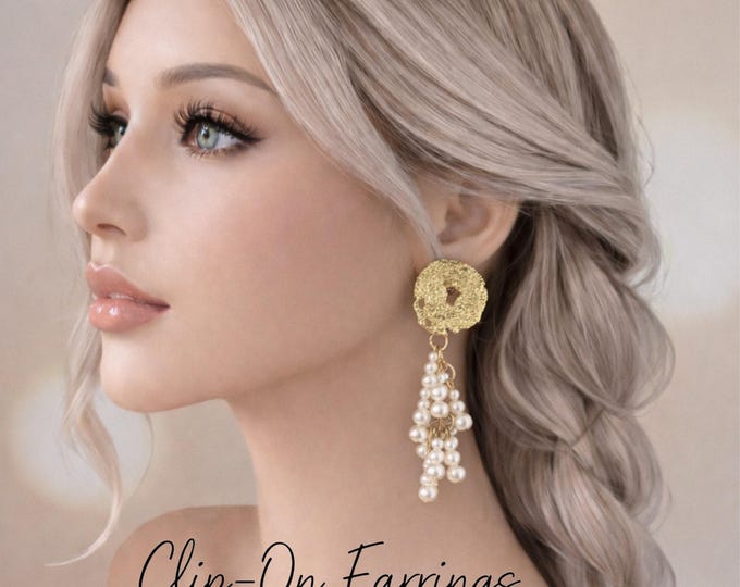 Gold Textured Pearl Drop Earrings – Bridal Prom Clip-On Clustered Faux Pearls - 3.25" - 8.25cm