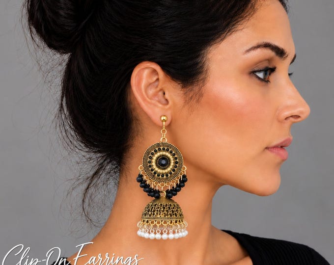 Indian Jhumka Clip On Earrings – Ornate Crystal Boho Statement Drop – Non Pierced Chandbali Dangle Earrings – 3.5" - 9cm
