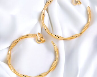 1 pair of 2" gold tone CLIP-ON C shape hoop earrings - thin twisted design  - Clip on for non pierced ears - Big fab hoops   #nh8