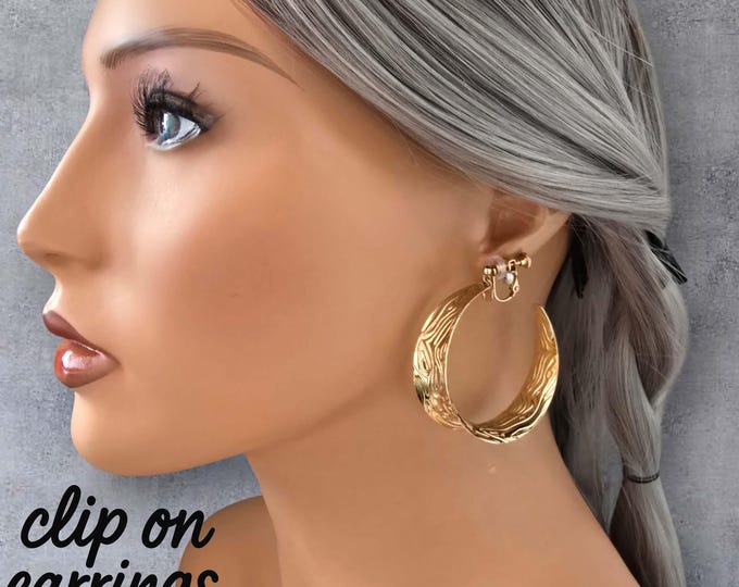 C Shaped Clip On Hoop Earrings, Wide Patterned Tube Hoops, Curved Non Pierced Earrings, Statement Clip Hoops, Lightweight Retro Jewelry Gift