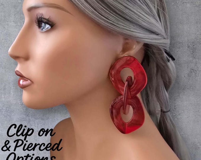Red Acrylic Chain Link Drop Earrings, Clip On or Pierced