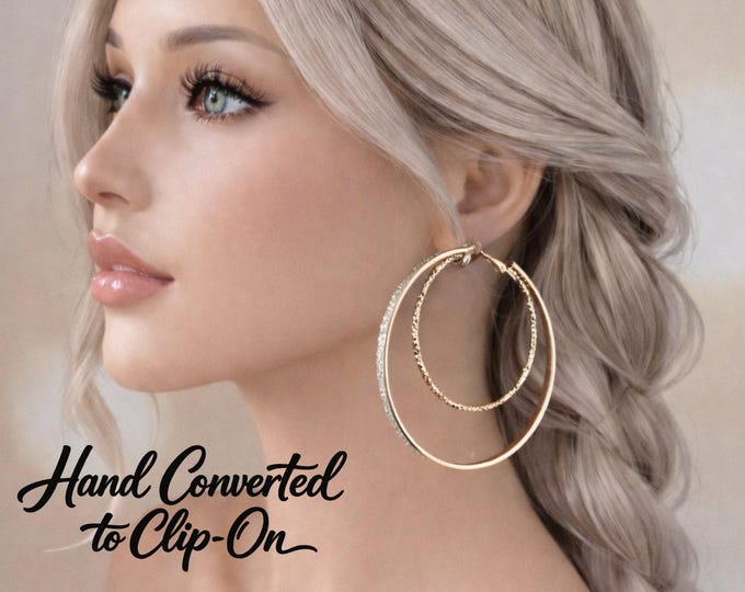 Clip On Hoop Earrings - Gold Tone Glitter Edge Double Hoops - Non Pierced