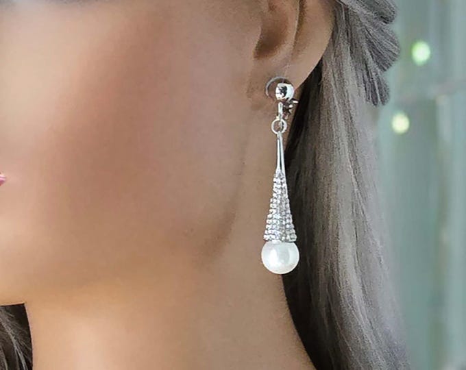1 pair of CLIP ON drop earrings - 2.5" long silver tone - diamante, rhinestone & white faux pearl bead drop earrings for non pierced ears,