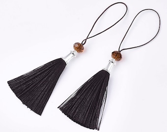 2 X 6" long darkest brown - silver polyester decorative tassels with glass bead detail - home decor - embellishment - jewellery making