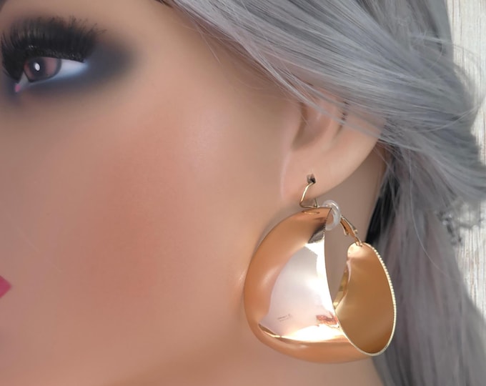 Big gold or silver tone CLIP ON hoop earrings - 1.75" EXTRA wide smooth flat tube hoops - clip on or pierced option - Big statement hoops **