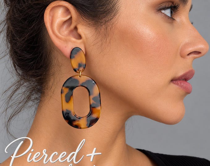 Tortoiseshell Statement Clip On Earrings – Large Oval Drop Brown Acrylic Dangle Earrings – 3.25" - 8cm