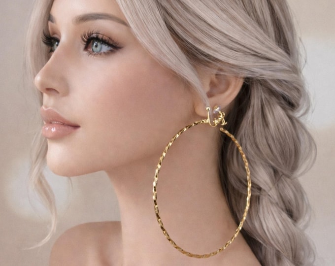 18k Gold plated Twisted C-Shape Clip-On Hoop Earrings – Large Lightweight Stainless Steel (4.75" - 12cm )