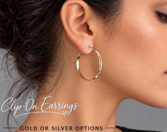 Gold or Silver Tone Clip On Hoop Earrings – Wide Polished Hoops for Non Pierced Ears - 1.5" - 4cm