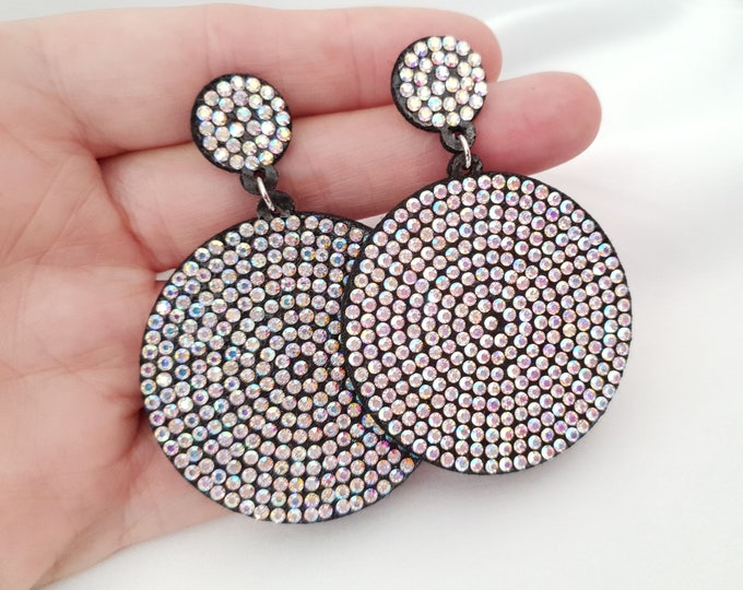 2.75" long sparkly AB diamante - rhinetone & black fabric CLIP ON - non pierced drop earrings