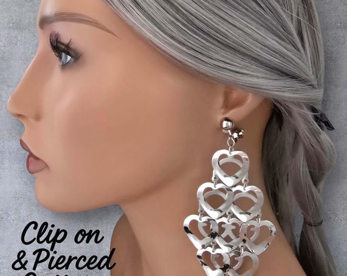 Statement Silver Tone Heart Cascade Clip-On Earrings – Lightweight Dangle Hearts Earrings, 4.75" Long Bold Fashion Jewellery Gift for Women