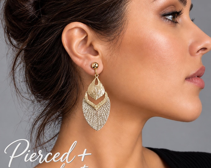 CLIP ON Drop Earrings,  Gold Tone & PU Leather Statement Earrings, Non Pierced Long Dangle Earrings  3" / 7.5cm