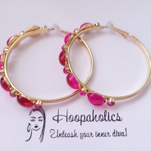 Big gold CLIP ON hoop earrings 2.25 diameter gold tone & fuchsia hot pink diamante / crystal hoop earrings clip on or pierced option image 5