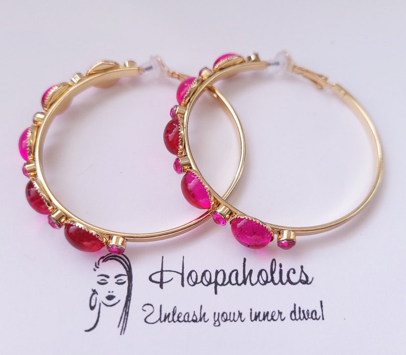 Big gold CLIP ON hoop earrings 2.25 diameter gold tone & fuchsia hot pink diamante / crystal hoop earrings clip on or pierced option image 5