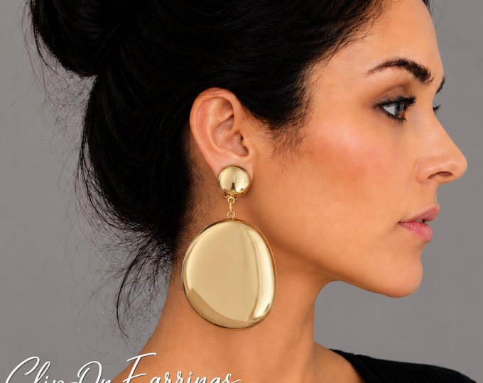 Clip On Gold Tone Disc Earrings, Oversized Statement Earrings, Large Gold Dome Drops, Non Pierced Earrings, 3" – 7.5cm