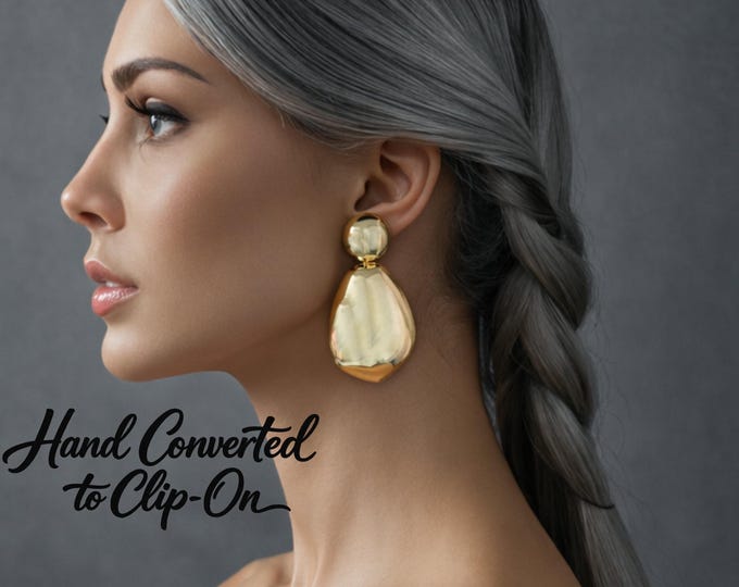 Bold Gold Tone Clip On Earrings – Chunky Statement Drop, 3.6" Long