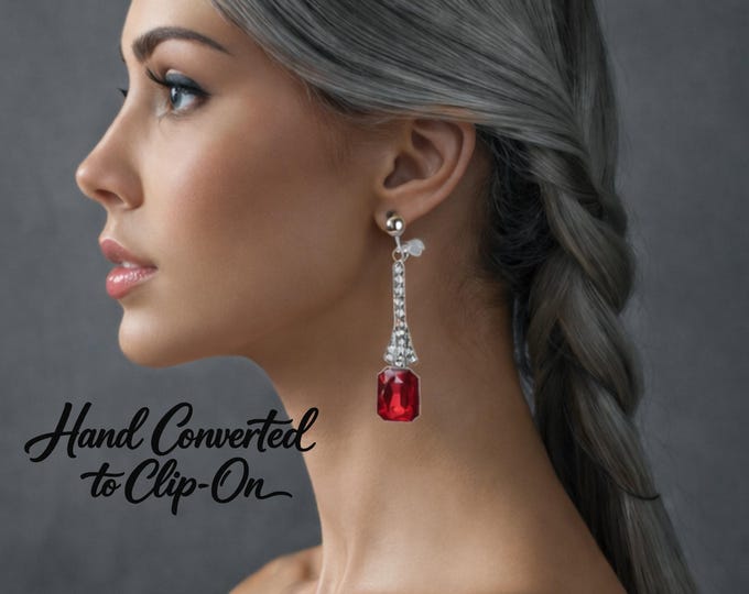 Red Crystal Drop Clip On Earrings – Silver Tone Rhinestone Dangle Earrings – Vintage Style Statement