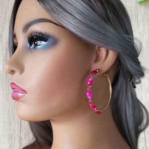 Big gold CLIP ON hoop earrings 2.25 diameter gold tone & fuchsia hot pink diamante / crystal hoop earrings clip on or pierced option image 2