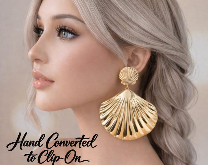 Gold Tone Shell Design Clip On Earrings – 4" Large Statement Seashell Dangle Earrings Non Pierced
